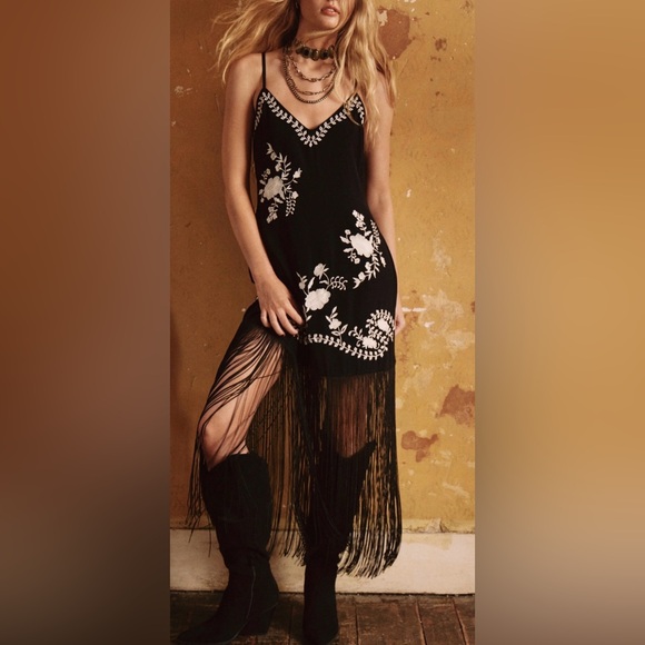 Nasty Gal Dresses & Skirts - Nasty Gal Black Mini Dress with White Floral Embroidery & Fringe